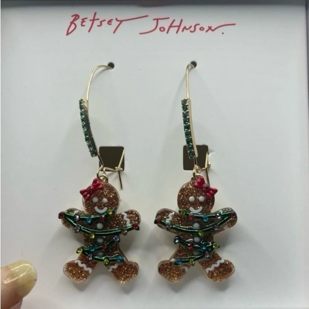 BETSEY JOHNSON SET Christmas Gingerbread in Lights Earrings Necklace Brooch NWT - Picture 2 of 16